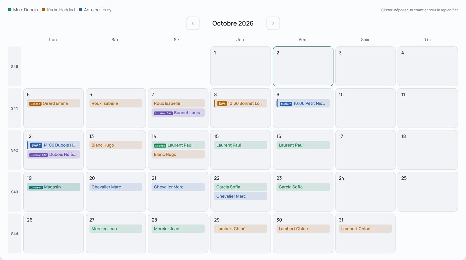 Planning des poseurs d'octobre : poses, dépose, métré, SAV, livraison SAV et navette magasin