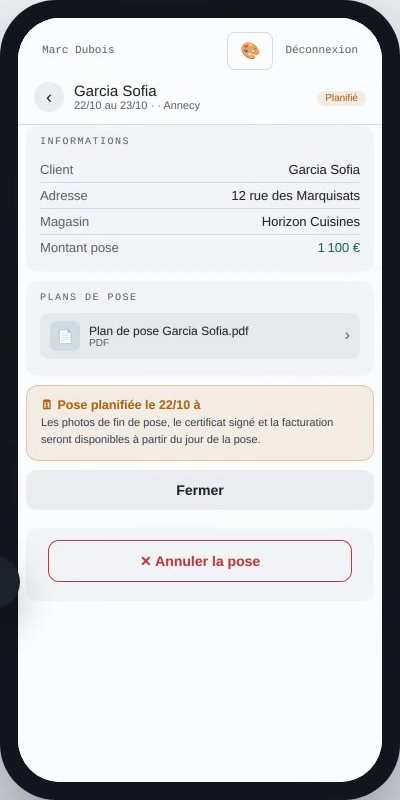 Application poseur : le détail d'un chantier avec son plan de pose